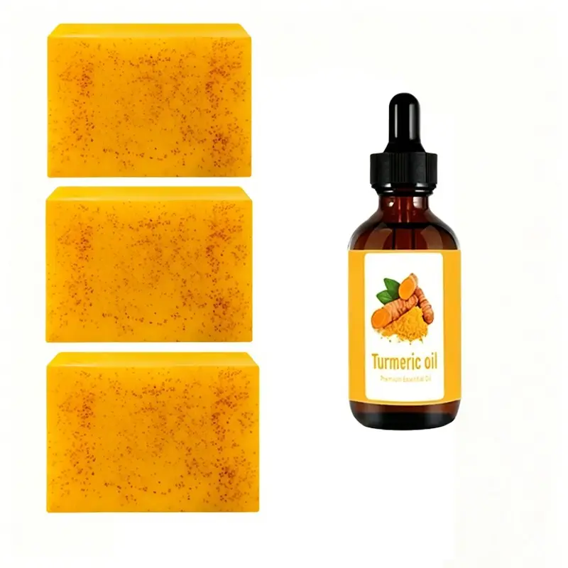 3 Pack Turmeric Facial Cleanser Soap Bars with Face Oil, Kojic Acid Brightening, Anti-Acne Dark Spot Remover, Natural Exfoliating Skincare Kit, Moisturize Daily