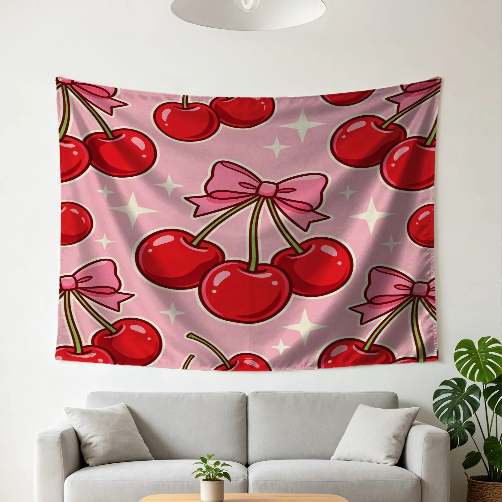 Cute Pink Cherry Bow Star Print Tapestry, Sweet Cartoon Digital Printed Wall Hanging, Soft Lightweight Tapestries, Multi-use Wall Blanket, Lovely Backdrop Decor for Bedroom Dorm Apartment, Aesthetic Room Decor Gift for Teen Girls & Y2K Style Home Decorati