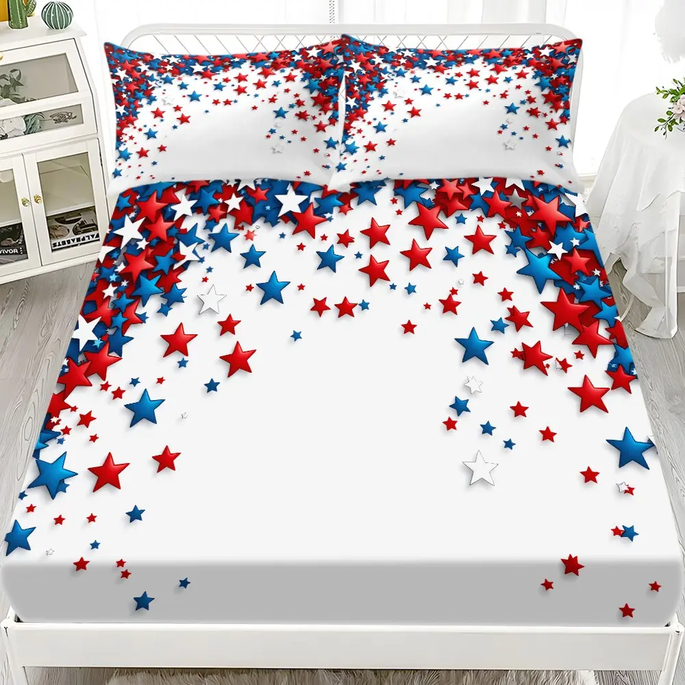 Full Size Bed Sheet Set with Star Pattern, Geometric Print Elastic Fitted Sheet and Cute Pillowcases, 3-Piece Kids Bedroom Decor