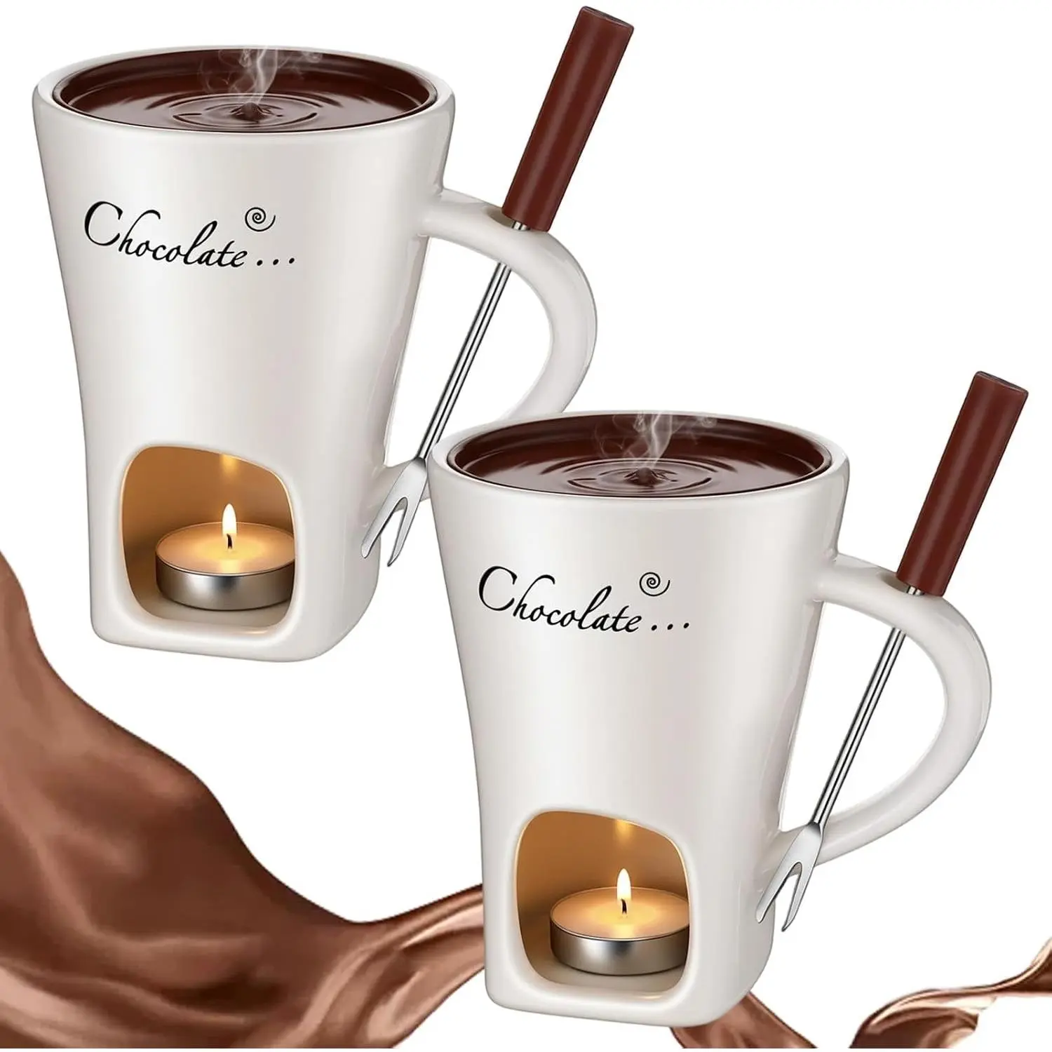 2 Pcs Sweet Ceramic Chocolate Fondue Mug with Fork and Candle, Personal Chocolate Melting Cup, Ideal Gifts for Date Night Birthday Wedding - White