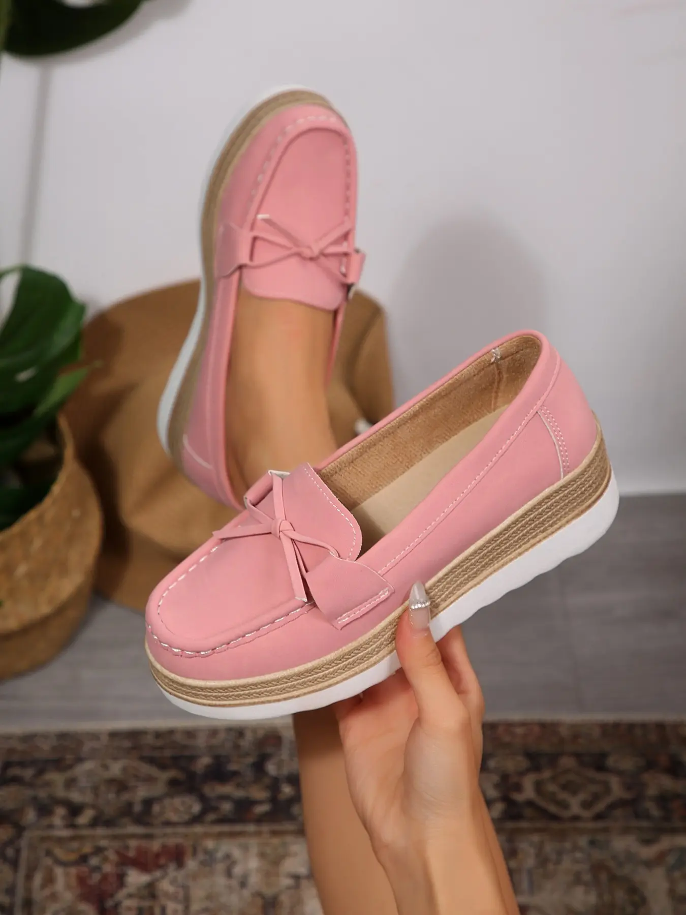 Women's Spring Summer Leather Butterfly Knot Loafers, Grass Weave Patchwork Slope Heel Thick Sole Slip-On Bean Shoes, Comfortable Casual Footwear
