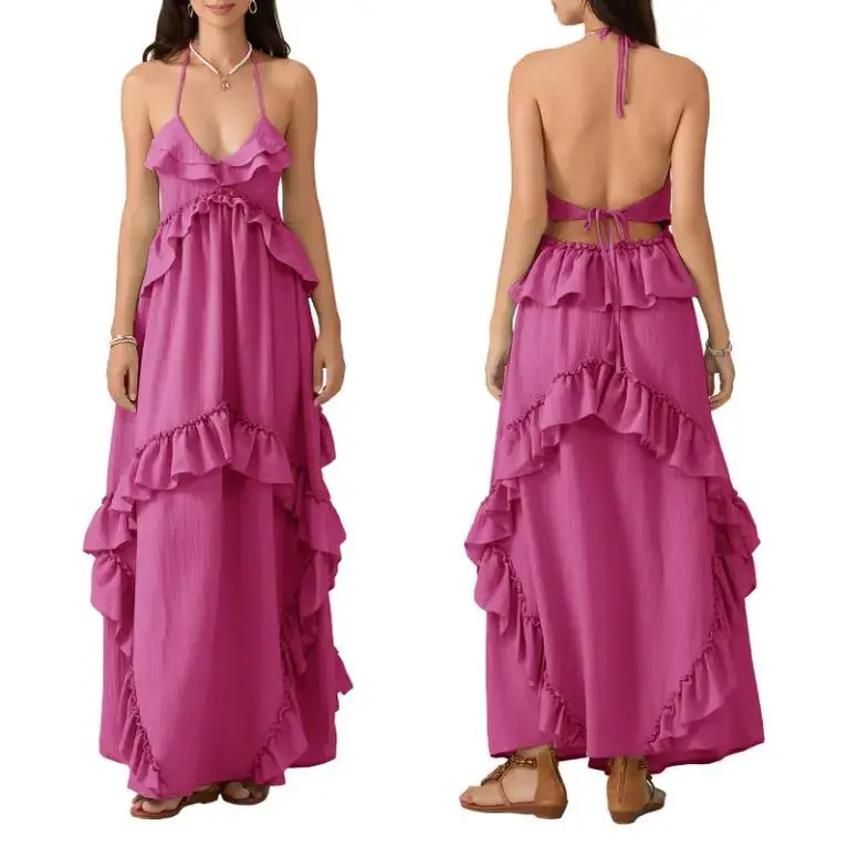 Women's Ocean Style Halter Neck Ruffle Maxi Dress - Lady's Fashion Apparel, V-Neck Tiered Flowy A-Line, Backless Sleeveless Multicolor Casual Wear for Summer Beach Vacation