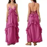 Women's Ocean Style Halter Neck Ruffle Maxi Dress - Lady's Fashion Apparel, V-Neck Tiered Flowy A-Line, Backless Sleeveless Multicolor Casual Wear for Summer Beach Vacation