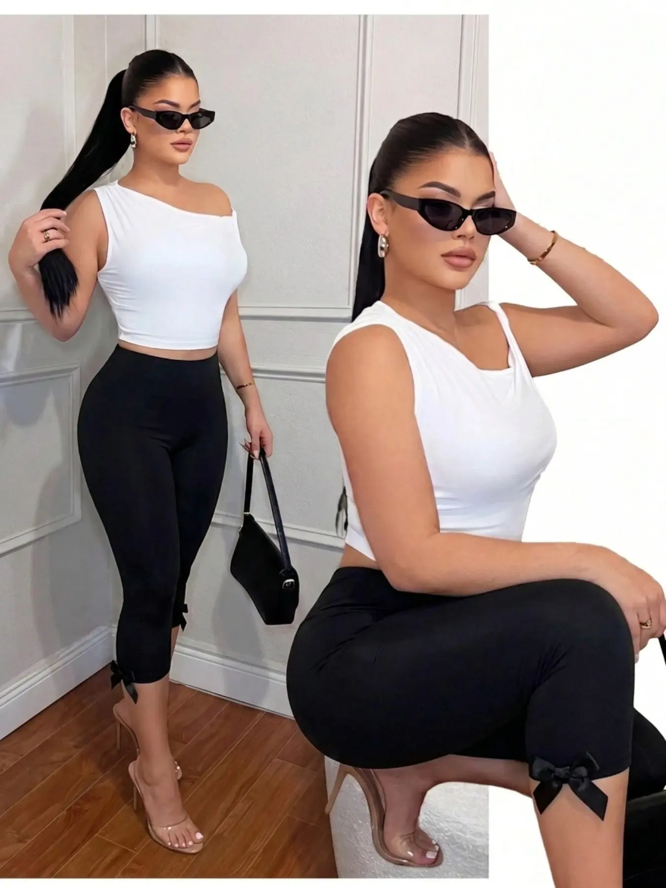 Retro Leopard Print Bow Detail Capri Pants, High Waist Slim Cropped Leggings, 90s Y2K Streetwear Fashion, 2 Colors Available, Daily Going Out Women Casual Bottoms
