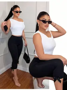 Retro Leopard Print Bow Detail Capri Pants, High Waist Slim Cropped Leggings, 90s Y2K Streetwear, 2 Colors Available, Daily Going Out Women Casual Bottoms