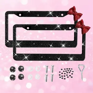 Rhinestone Bow License Plate Frame, Bling Pink Stainless Steel Car Tag Holder for Women Car Accessories
