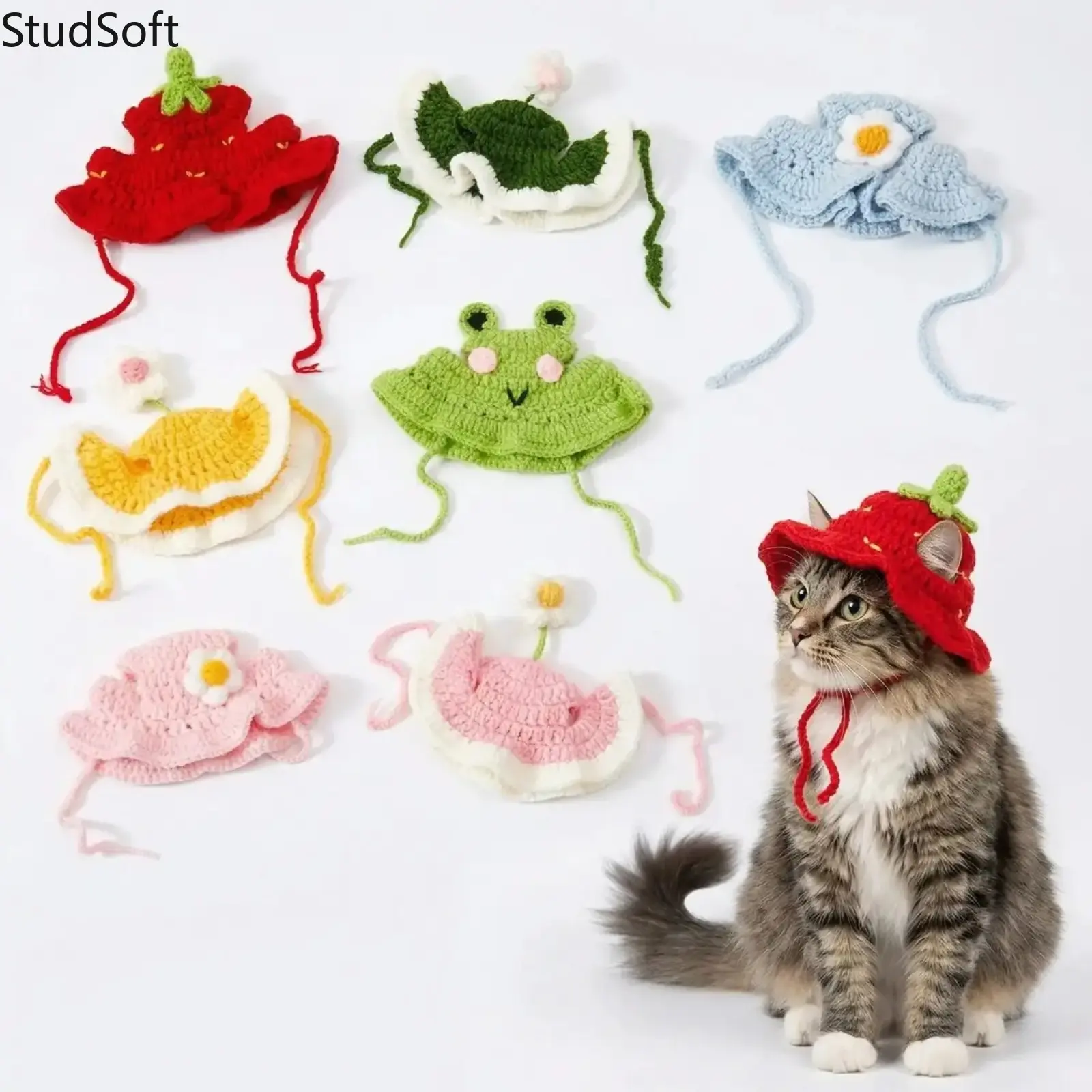 4PCS Handmade Knitted Frog Pet Hats Adjustable Polyester Yarn Cat Bonnet Lightweight Warm Full Coverage Costume for Small Dogs Cats Kitten Birthday Party
