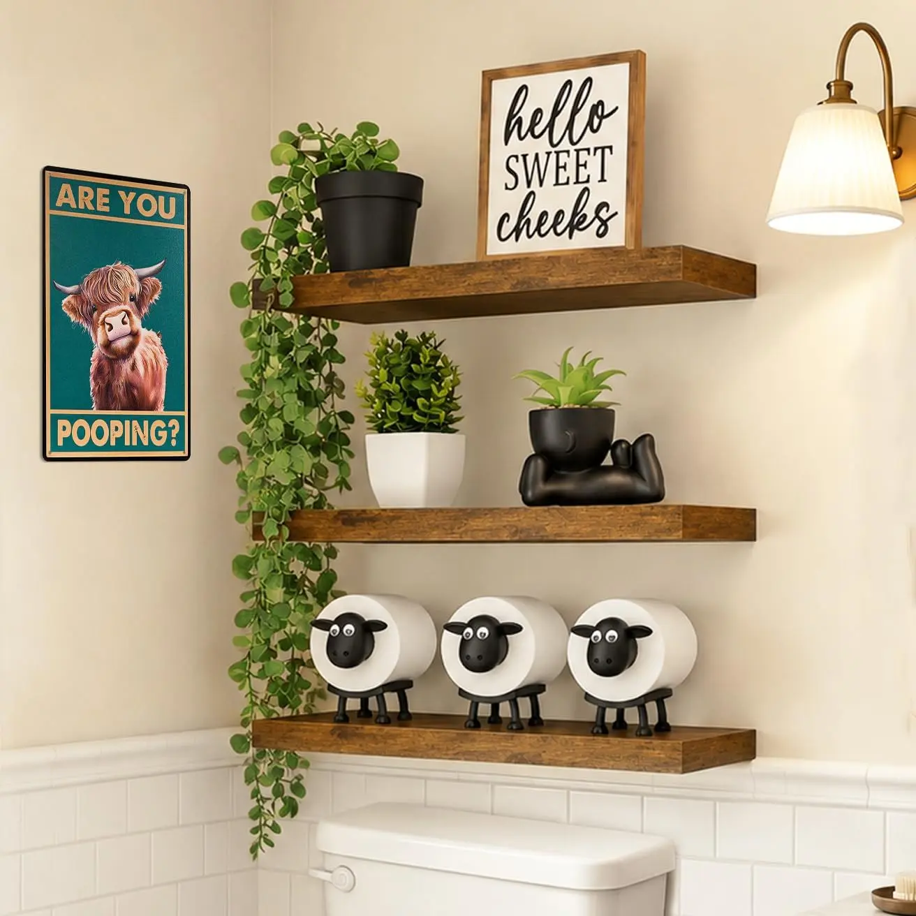 11 count Bathroom Decor & Accessories Set  Over Toilet Floating Shelf | Complete Boho Wall Decor Bathroom Set, Toilet Paper Holder, Funny Signs, Small Wall Shelves for Guest Half Bathroom Organizer