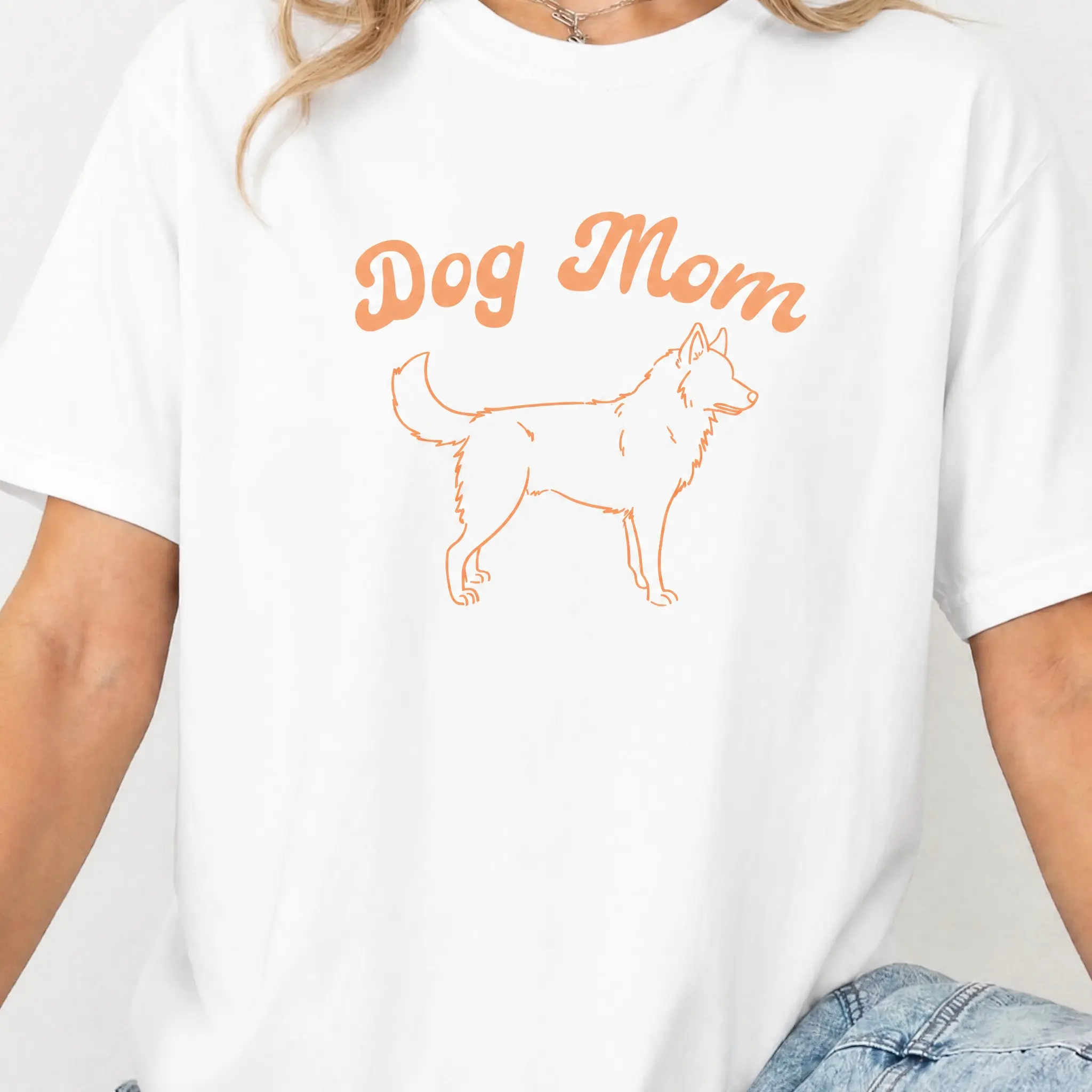 Husky Line Art Dog Mom Graphic Oversized Crew Neck T-Shirt, Soft Cotton Loose Casual Daily Outdoor Walking Summer Street Fashion Top