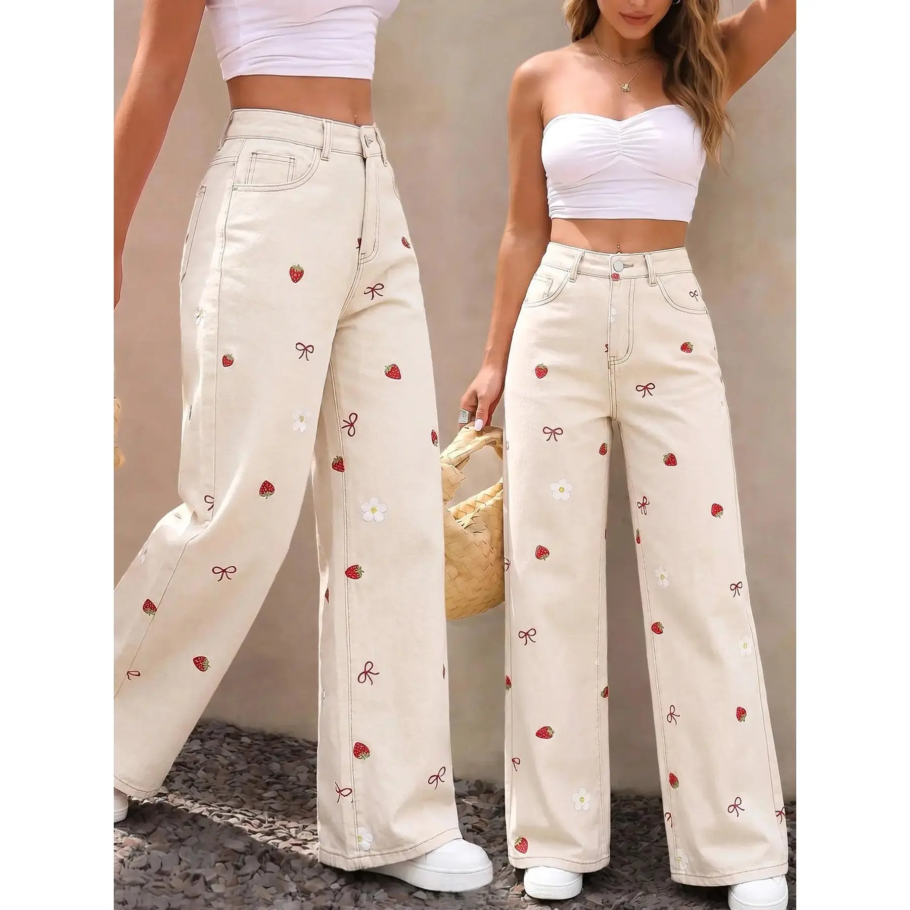 Women's Casual Strawberry Bow Print Wide Leg Jeans, Kawaii Cute Strawberry, Floral And Bow Print Pattern Women's Denim Jeans, Comfortable Loose Fit Denim Jeans, Trendy Fashion for Everyday Wear, Fashion Denim Pants