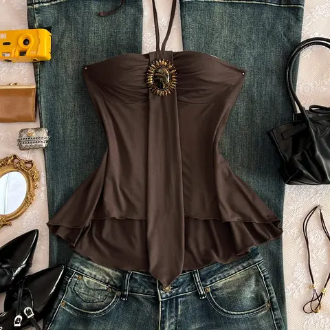【Black Friday】Women's Elegant Summer Solid-Color Halter Top with Self-Tie Neck, Ruched Bust, Asymmetrical Hem, and Slim Fit