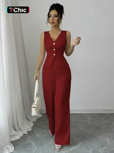 Elegant Women's V Neck Sleeveless Bodycon Vest & High Waist Pants Set, Spring Summer Fashion Two-Piece, Slim Fit Casual Wear