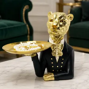 Leopard Butler Statue with Tray, Gold Resin Gentleman Half-Body Sculpture, Key Jewelry Candy Organizer, Luxury Home Decor Gift, Home Decor Sculptures