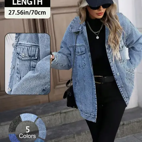 【Black Friday】Women's Loose-Fit Denim Jacket, Casual Street Fashion Long Sleeve Outerwear for Daily Wear, Ladies Clothes for All Seasons, Basic Womenswear