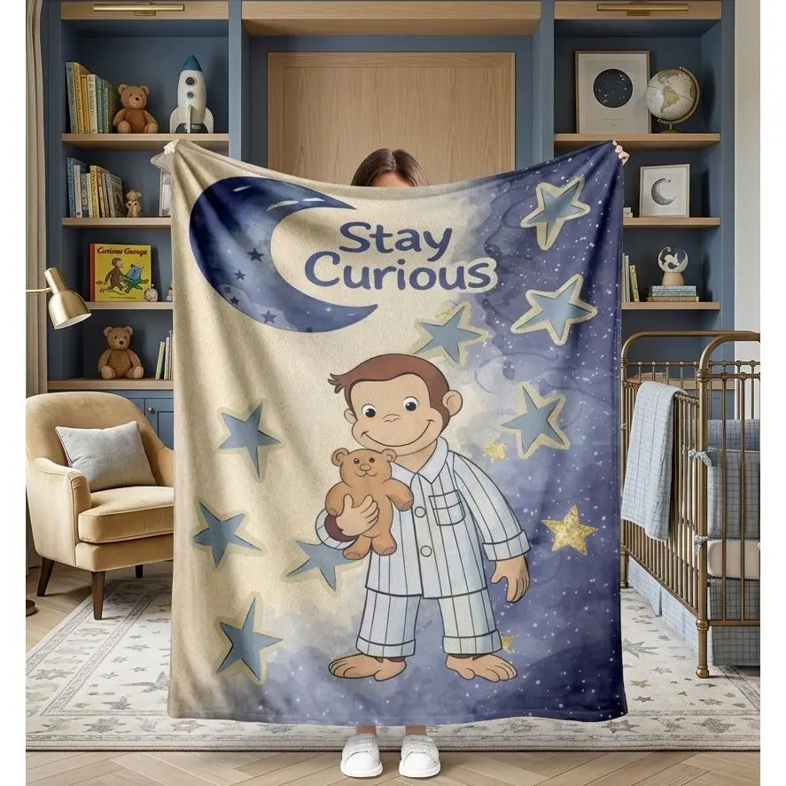 Curious George Flannel Blanket Stay Curious Quote Moon Stars Print Cute Monkey in Pajamas Holding Teddy Bear Watercolor Nursery Art Soft Warm Fuzzy Throw Perfect for Kids Bedroom Nursery Daycare Nap Time Shower Gift summerwins, Independence Day, Astronomy