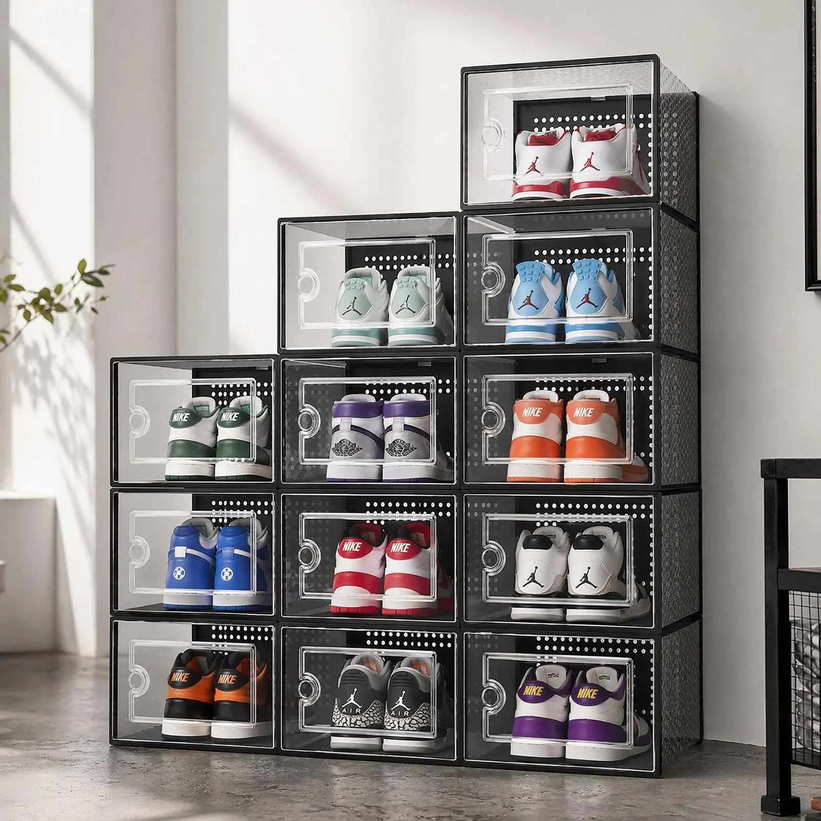Large Shoe Organizers Storage Boxes for Closet, 12 Pack Clear Plastic Stackable Storage Bins with Lids, Under Bed Shoe Containers for Entryway, Drop Front, Fit up to Women's Size 10,Black