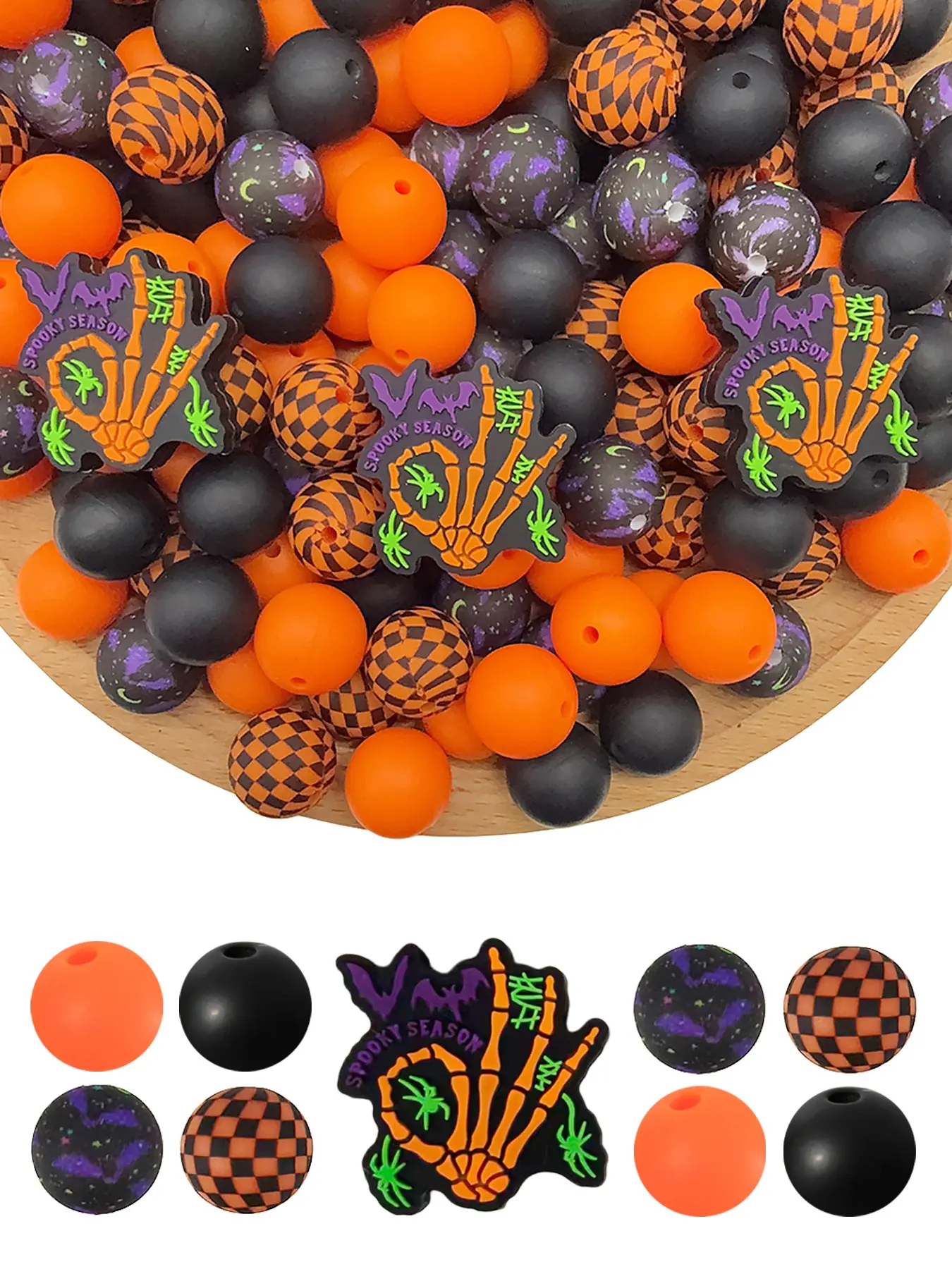 33pcs Halloween Skull Hand Silicone Beads Set, Plaid and Spot Print, Combo, Ideal for DIY Jewelry, Perfect Gift
