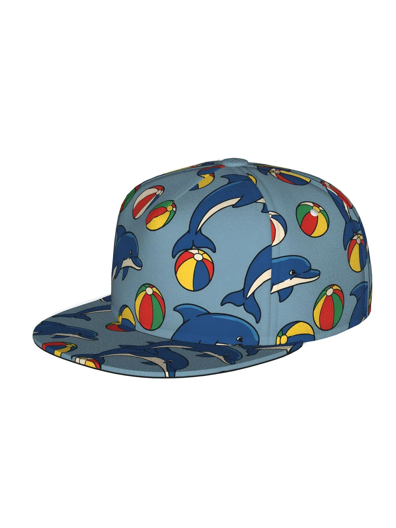 Dolphins and beach balls pattern, Men Women Unisex Flat Brim Baseball Cap, Hip Hop Streetwear Snapback Trucker Hat for Skateboarding Dance Outdoor Sports, Adjustable Punk Style Sun Hat Snapback