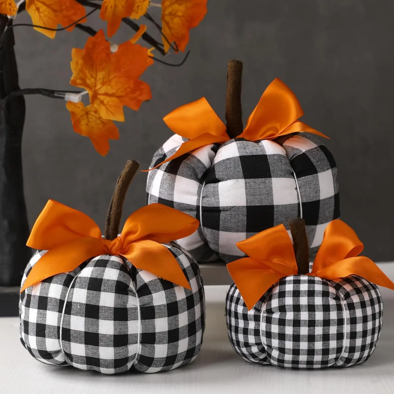 Beeveer 3-Piece Assorted Sizes Wooden Cotton Floral Fall Decorative Pumpkins with Orange Ribbon, Black-White Buffalo Plaid Pumpkins for Farmhouse Mantel Table Decoration Centerpiece