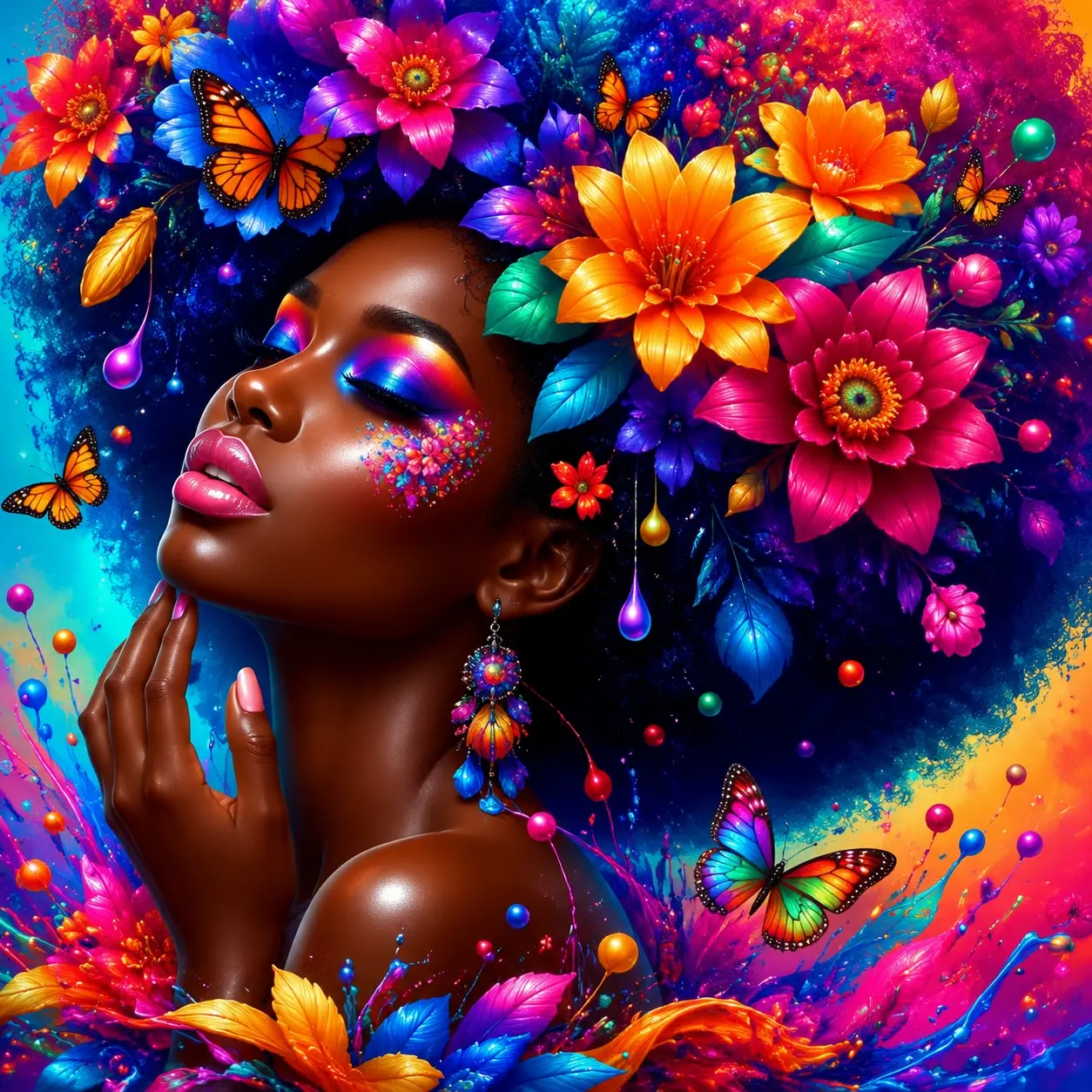 Colorful Floral Black Woman with Butterflies Art, Size: 40 x 40 cm (15.7 x 15.7 inches). Full-drill square diamond painting kit (5D DIY, unframed, includes tool kit). Suitable for home decor and as a personalized gift for holidays or birthdays.