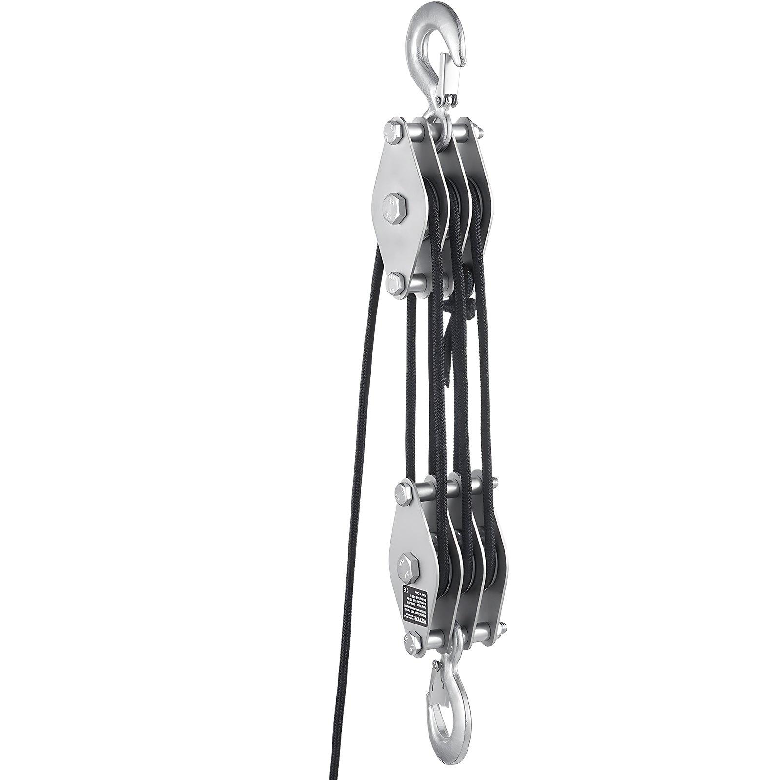 VEVOR 4400 lbs Breaking Strength 100 FT Rope Pulley Hoist, 5:1 Lifting Power Heavy Duty Pulley System with 2pcs Soft Loops, Metal Wheels Bearing Structure, Block and Tackle for Lifting Heavy Objects