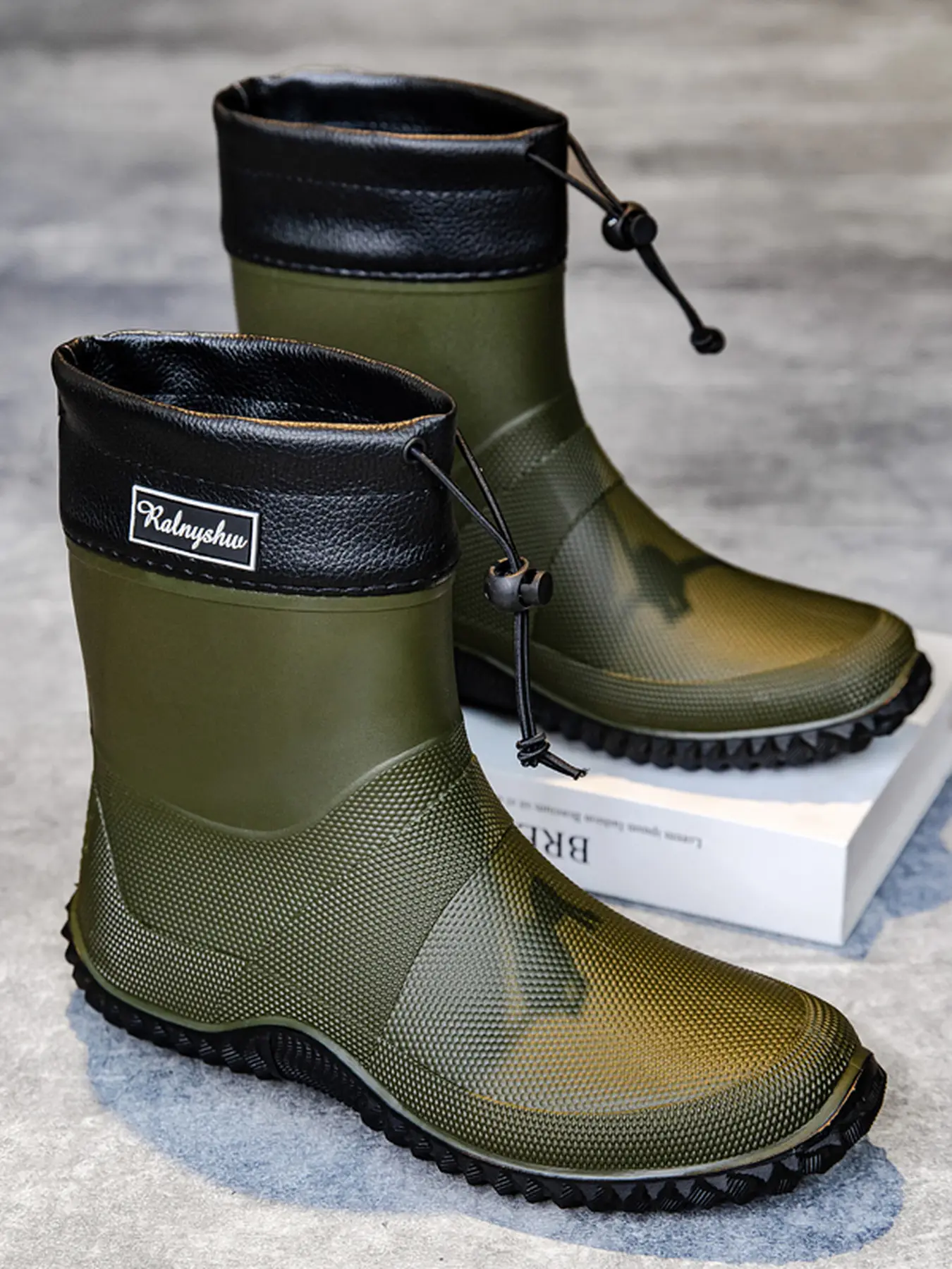 Men's Mid-Calf Waterproof Rain Boots with Adjustable Drawstring Non-Slip Wear-Resistant Rubber Boots for Outdoor Work Fishing Daily Commute Gardening