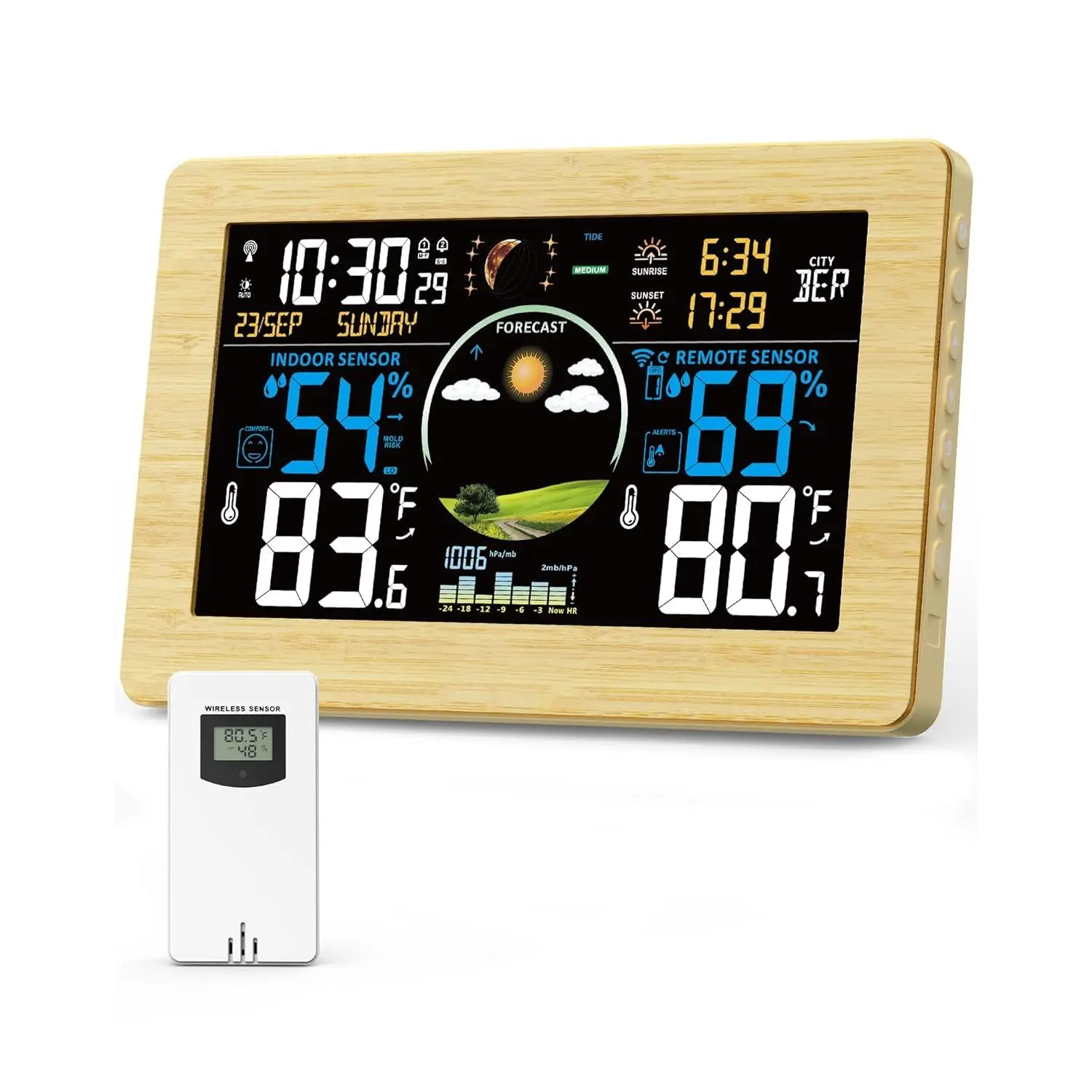 Weather Station  Indoor Outdoor Thermometer, 7.5" VA Display with Remote Sensor,  Weather Station with Weather Forecast, Temperature, Humidity, Atomic Clock,