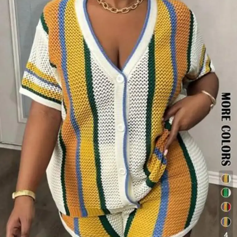 Women's Colorblock Striped Button Front Top & Shorts Set, Casual Chic V Neck Top & Shorts for Beach Holiday Vacation, Ladies Summer Clothes, Womenswear