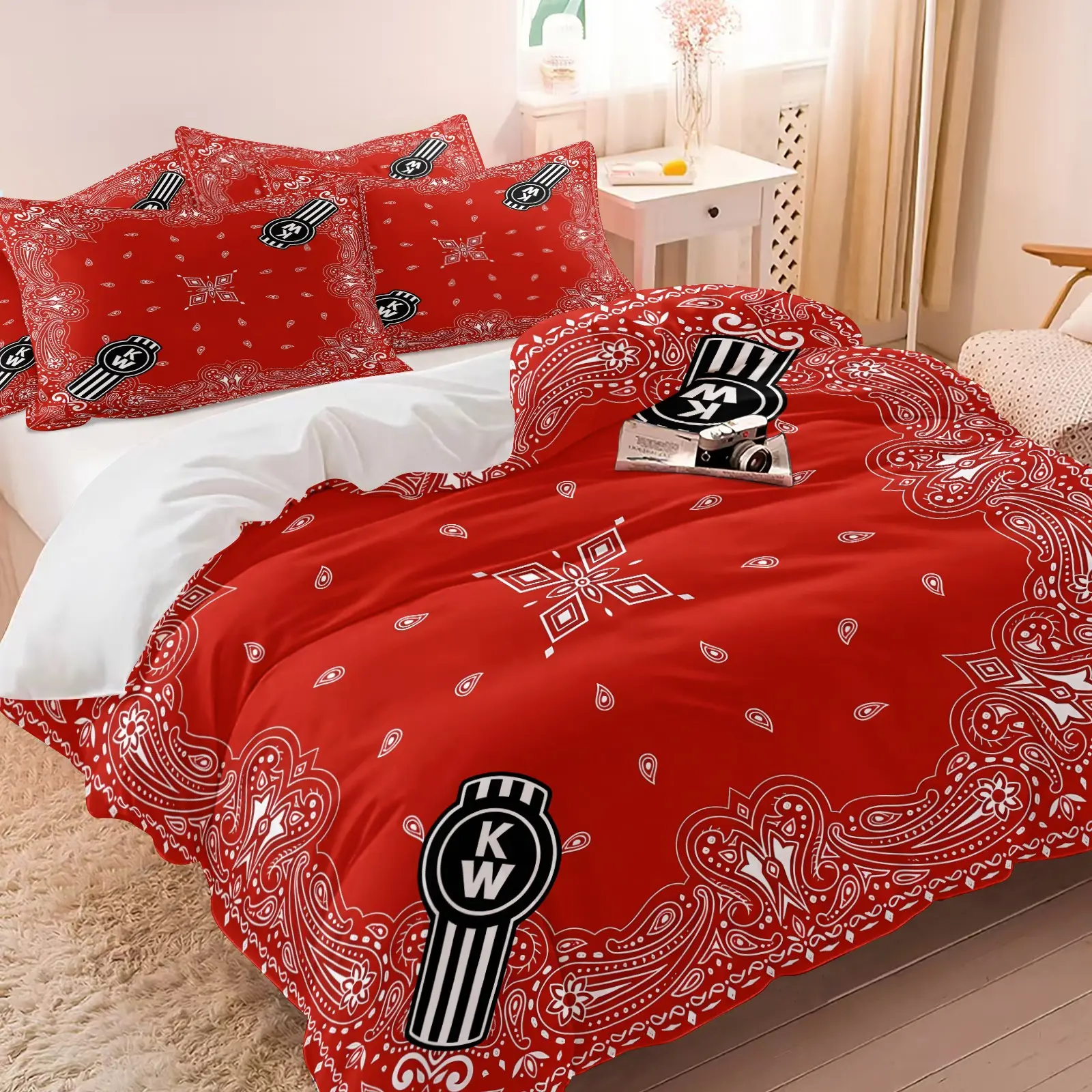 3PCS Red Bandana Kenworth Paisley Duvet Cover Set (1 Duvet Cover + 1-2 Pillowcases), Classic Red Paisley Truck Brand HD Digital Print, Soft Cozy Skin-Friendly All Seasons Bedding, Printed Bedding Set, Perfect for Trucker Retro Bedroom Decor