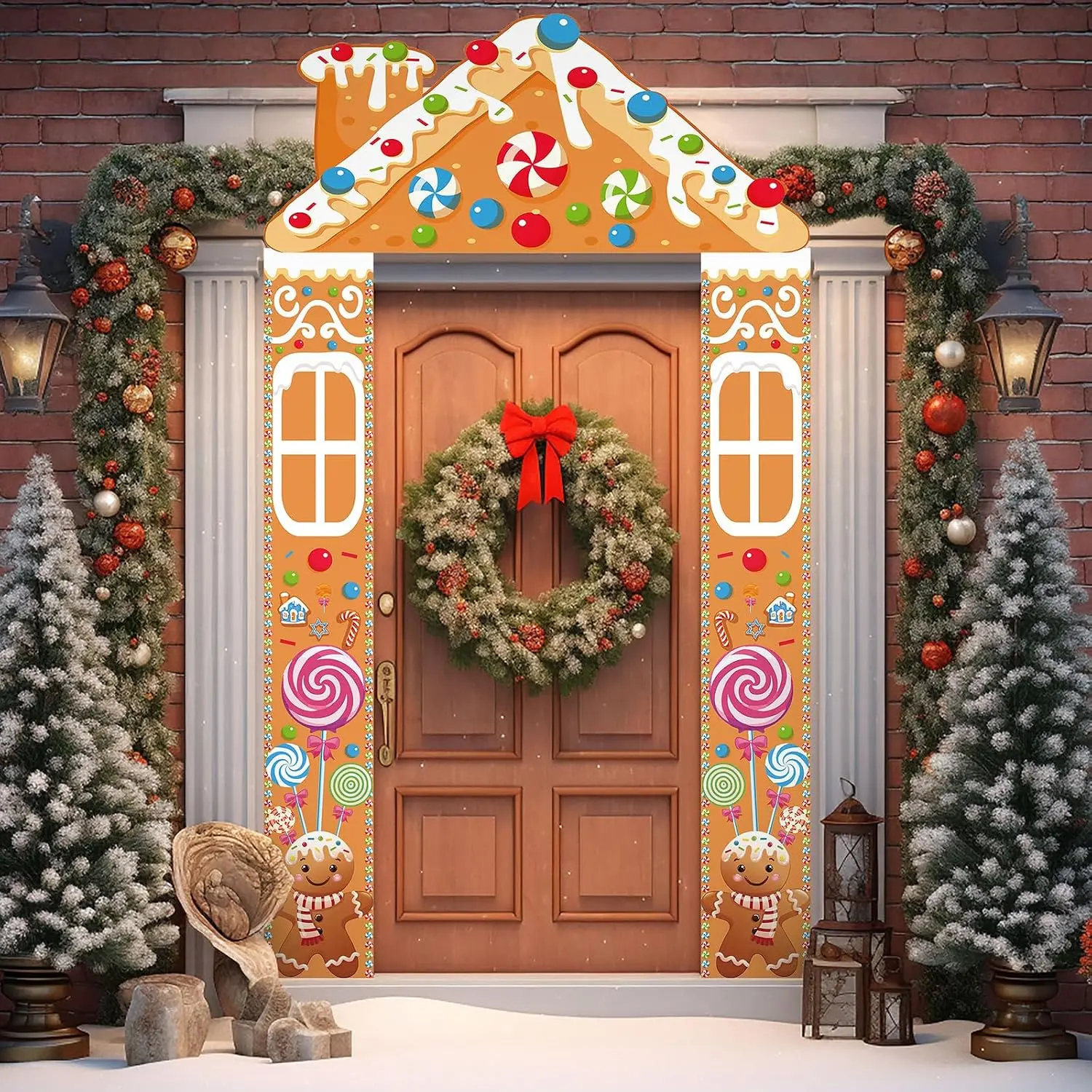 Christmas Ginger Bread House Door Cover Party Decorations Xmas Gingerbread Banner Christmas Porch Sign Outdoor Door Banner for  Classroom Holiday Party Supplies Decor (Cute)