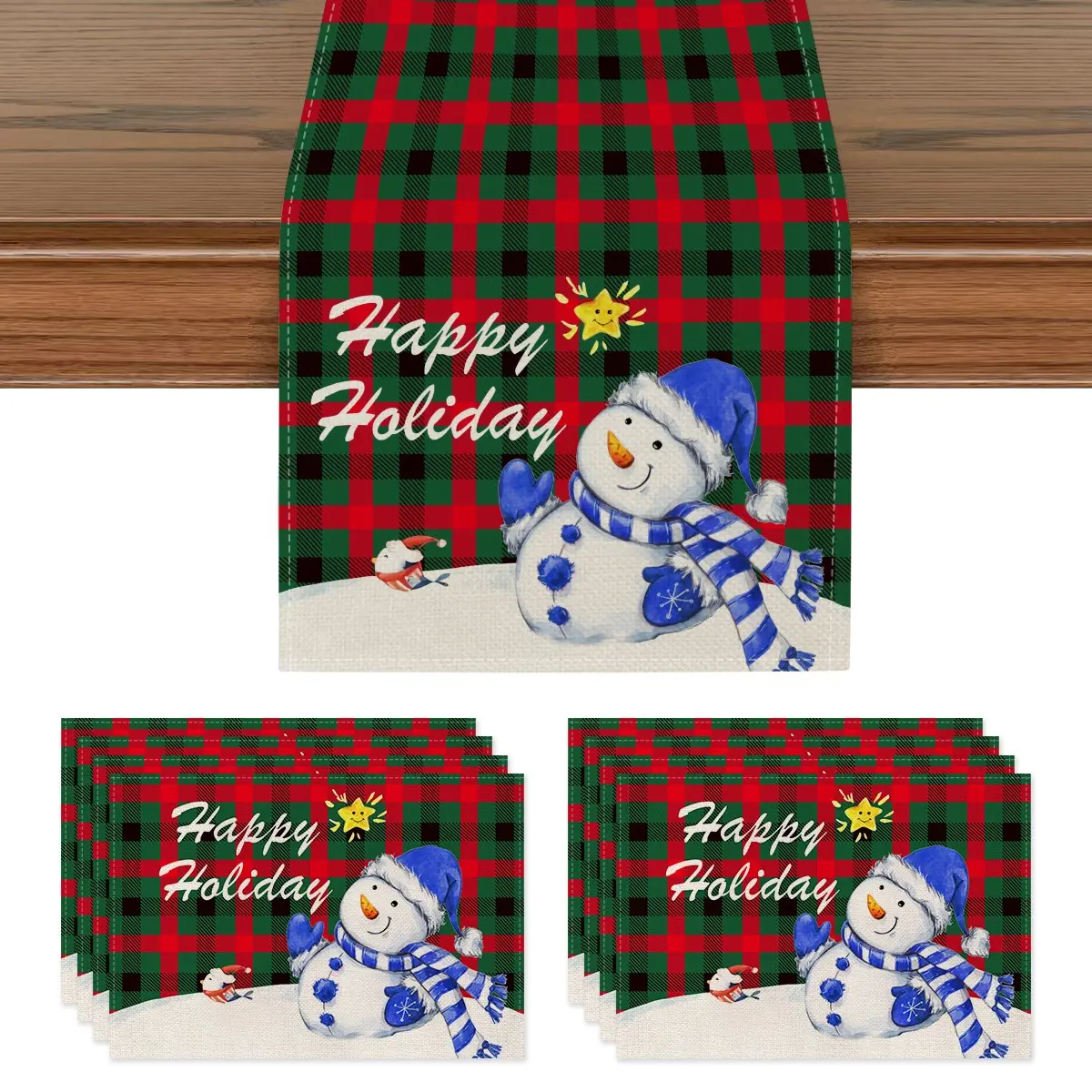 Christmas Table Runner and Placemat Set, Checkered Snowman Design, Perfect for Thanksgiving, Kitchen, Dining Room, Home Decor