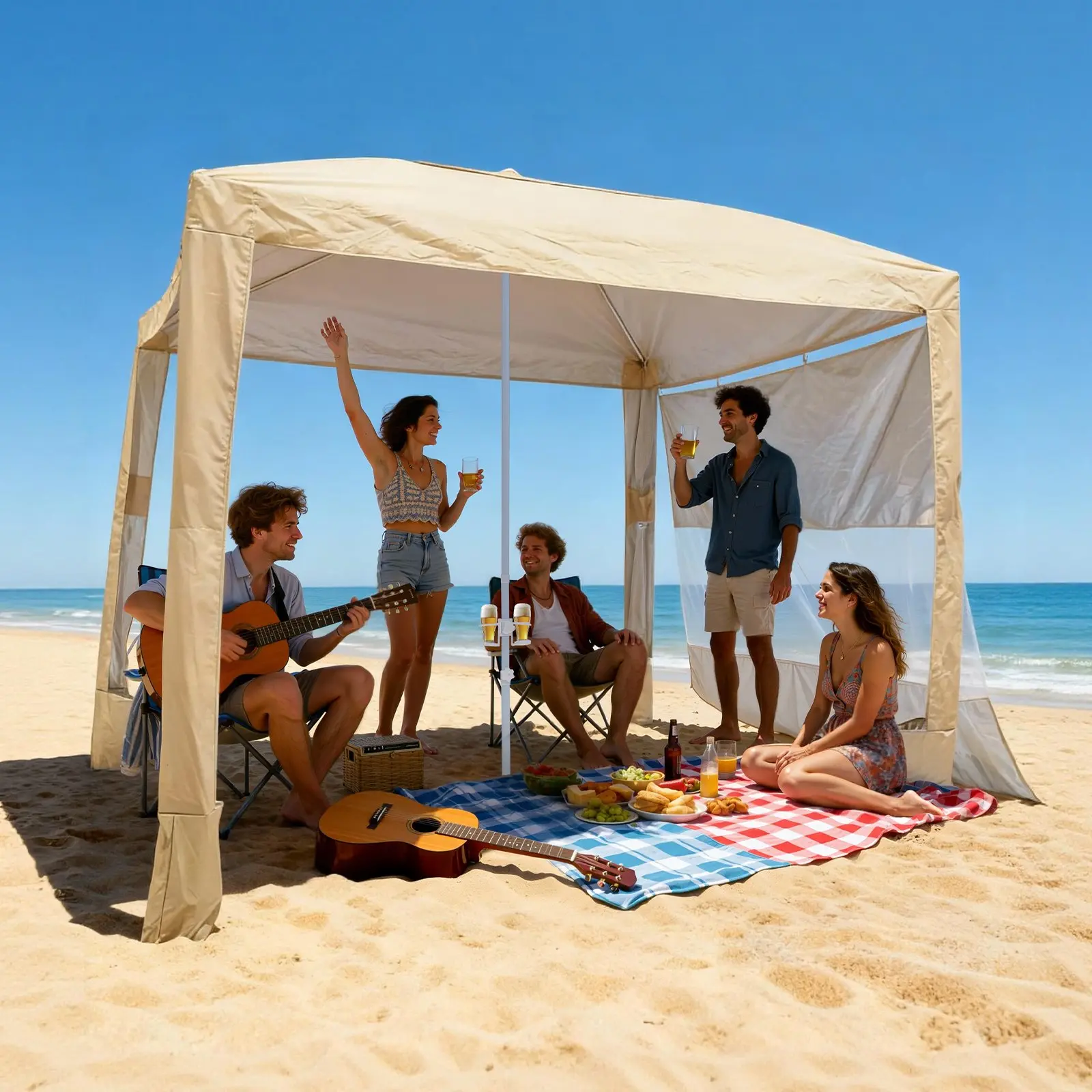 VEVOR sz004 Model 8x8 ft (96x96 inches) Beach Cabana with Canopy, UPF 50+ Sun Protection, Sun-Resist Fabric, Lightweight Easy-Install Tent, Side Wall, Sand Pockets, Adjustable Height, Weather-Resistant Portable Shade for Family Group, Khaki