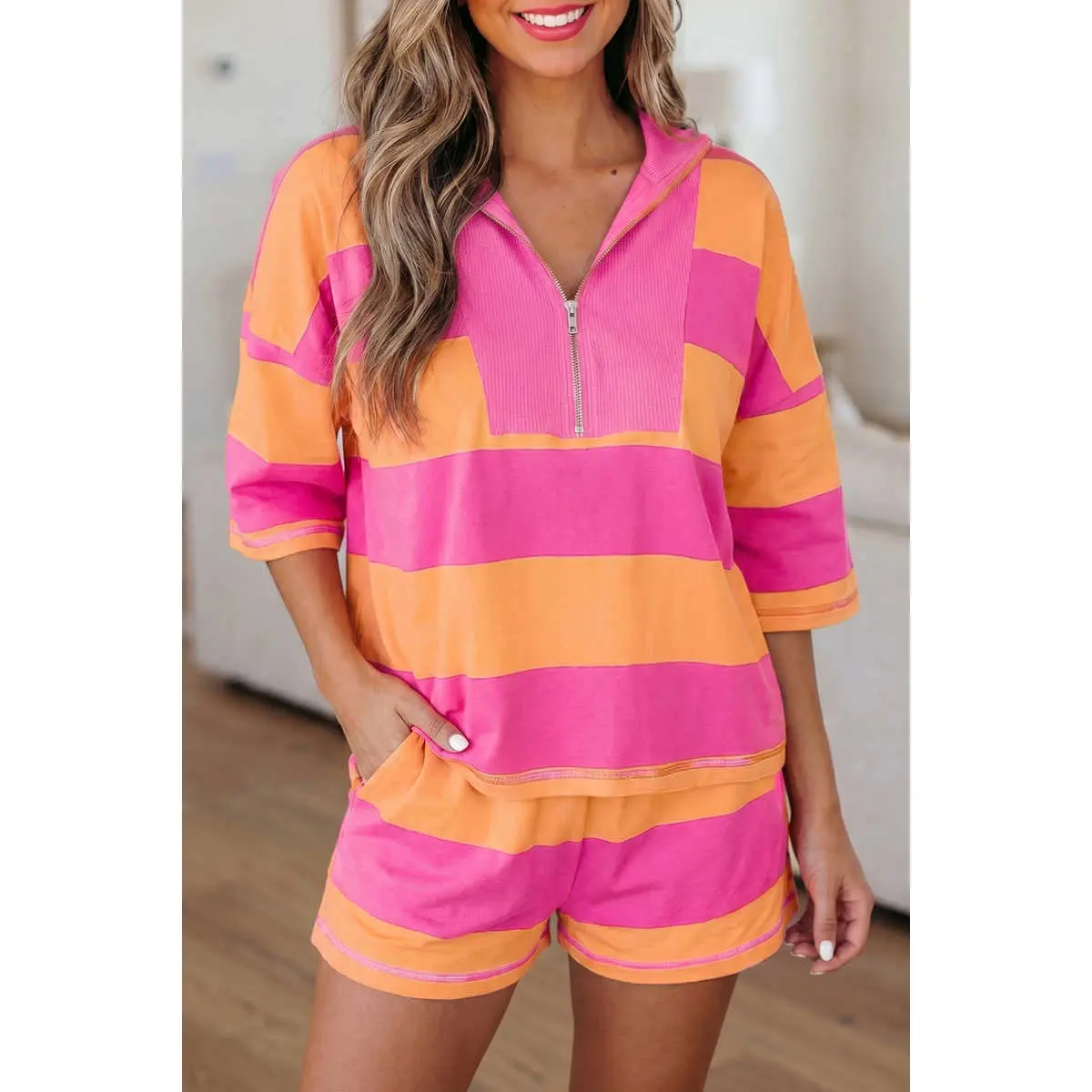 Women's 2-Piece Casual Clothes Set, Striped Pink Half-Zipper Placket Bracelet-Sleeve Top & Shorts, Women's Clothes