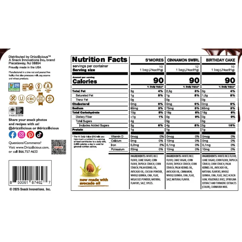32 Pack - Drizzilicious - Variety Pack Mini Rice Cakes [S'mores, Cinnamon Swirl, Birthday Cake] Only 90 Calories Per Bag - .74 oz