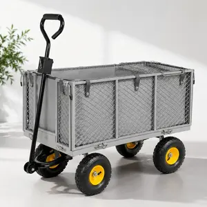 4-in-1 Oversized Steel Heavy Duty Wagon, 880 lbs All-Terrain Utility Trolley with Pullable Mesh Floor, Removable Liner, Side Panels, Mesh Tray for Lawn & Landscaping, Gray