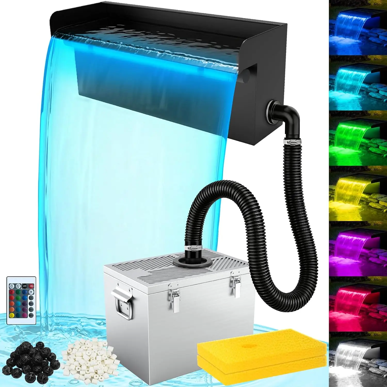 -in-1 Pond Waterfall Kit with LED Light, 8-inch Stainless Steel Spillway with 660GPH Pump Filter Box, 3-Stage Filtration Outdoor Waterfall for Water Feature, Garden, Backyard, Pool