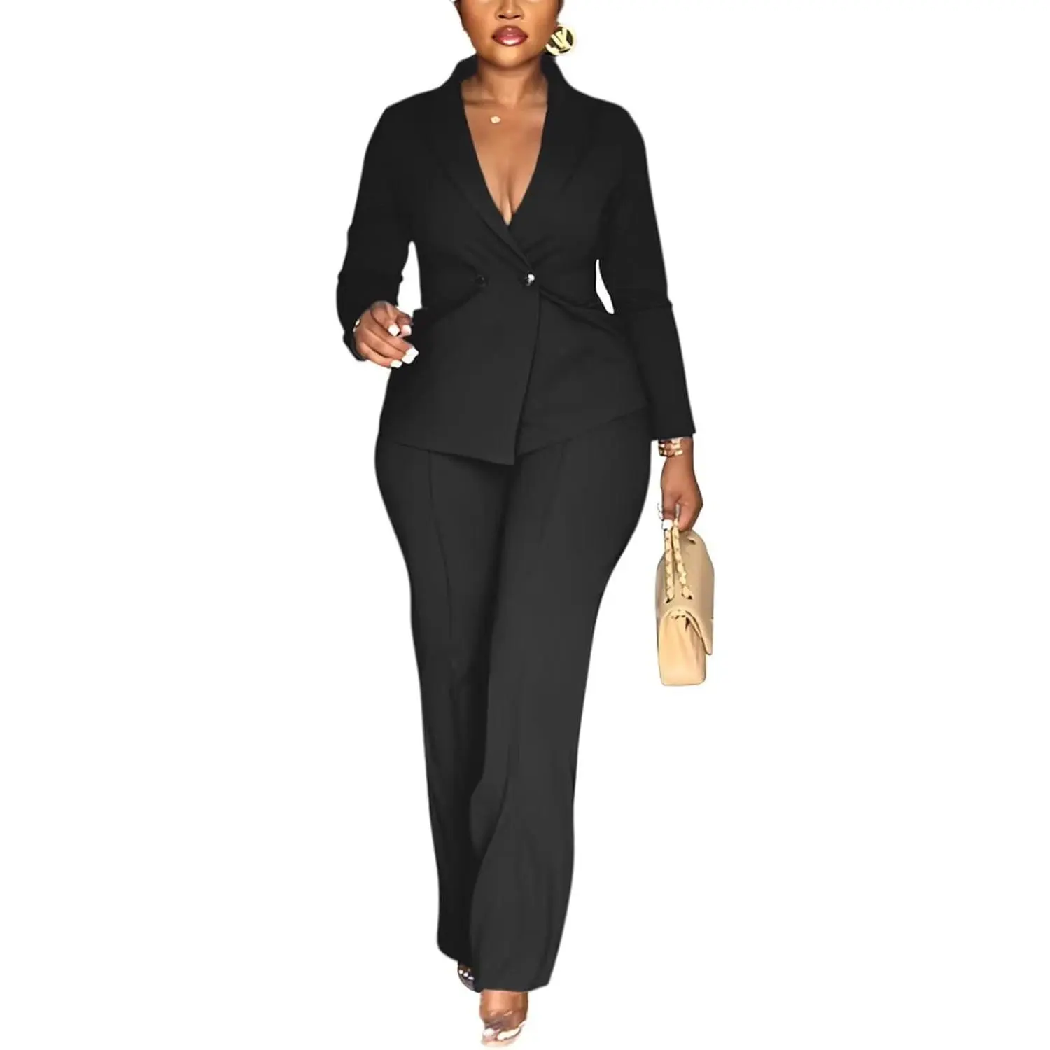 Women Double Breasted Blazer Pants Suit 2 Piece Outfits Casual Long Sleeve Blazer Set for Work Business