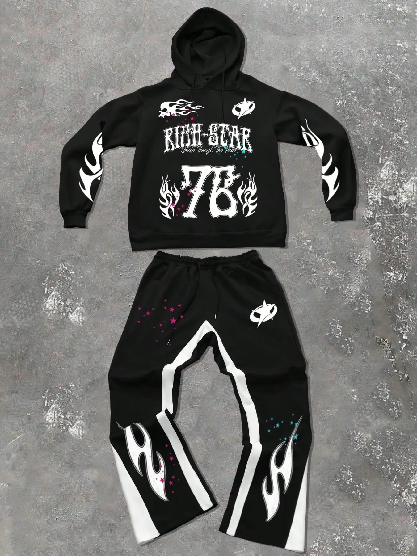 Rich-Star Flame Skull Star Print Hoodie Set for Men, Colorblock Wide Leg Pants, Streetwear Casual Two-Piece, Fall & Winter