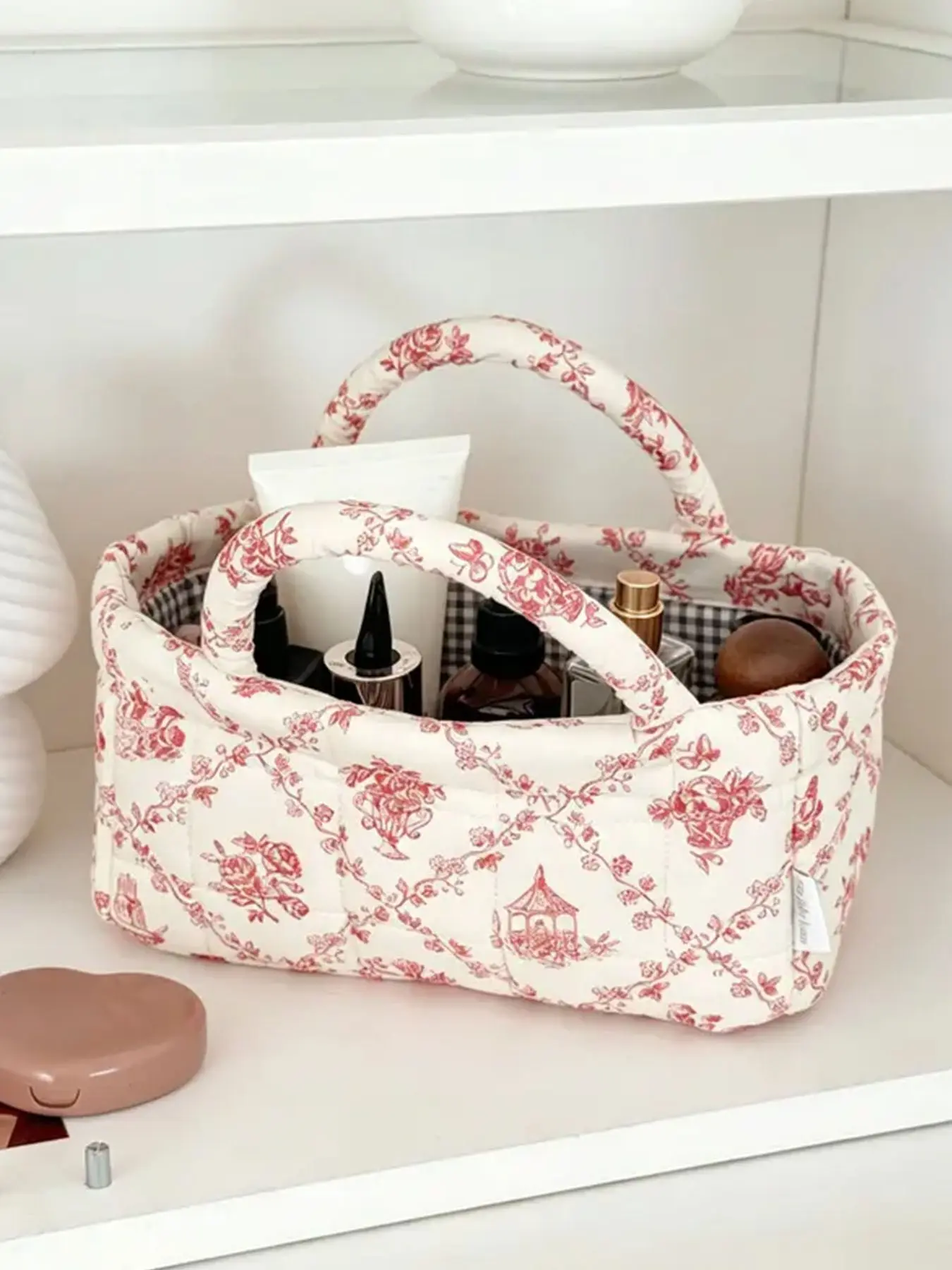 Vintage Rose Pattern Quilted Storage Caddy, Double Handle Fabric Organizer Basket, Multipurpose Holder for Skincare, Makeup and Daily Small Items