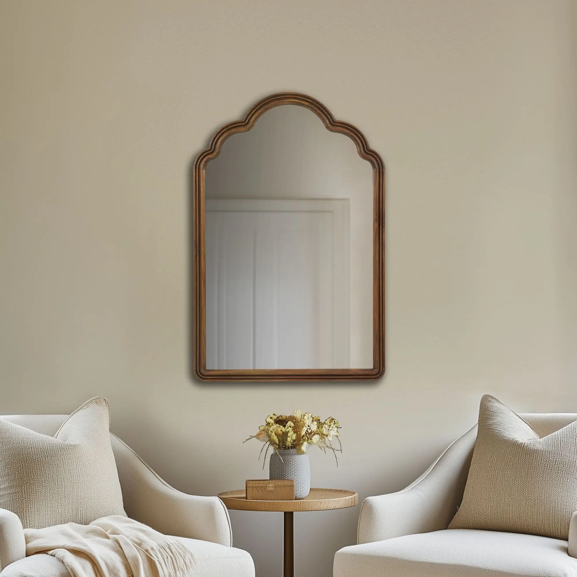Nokaa Scalloped Wood Wall Mirror Brown Decorative Wall-Mounted Mirror for Living Room Bedroom Entryway Hallway Bathroom Home Decor Rustic Farmhouse Style 1 Piece, Home Furniture and Household Product Search Terms for US Online Shopping