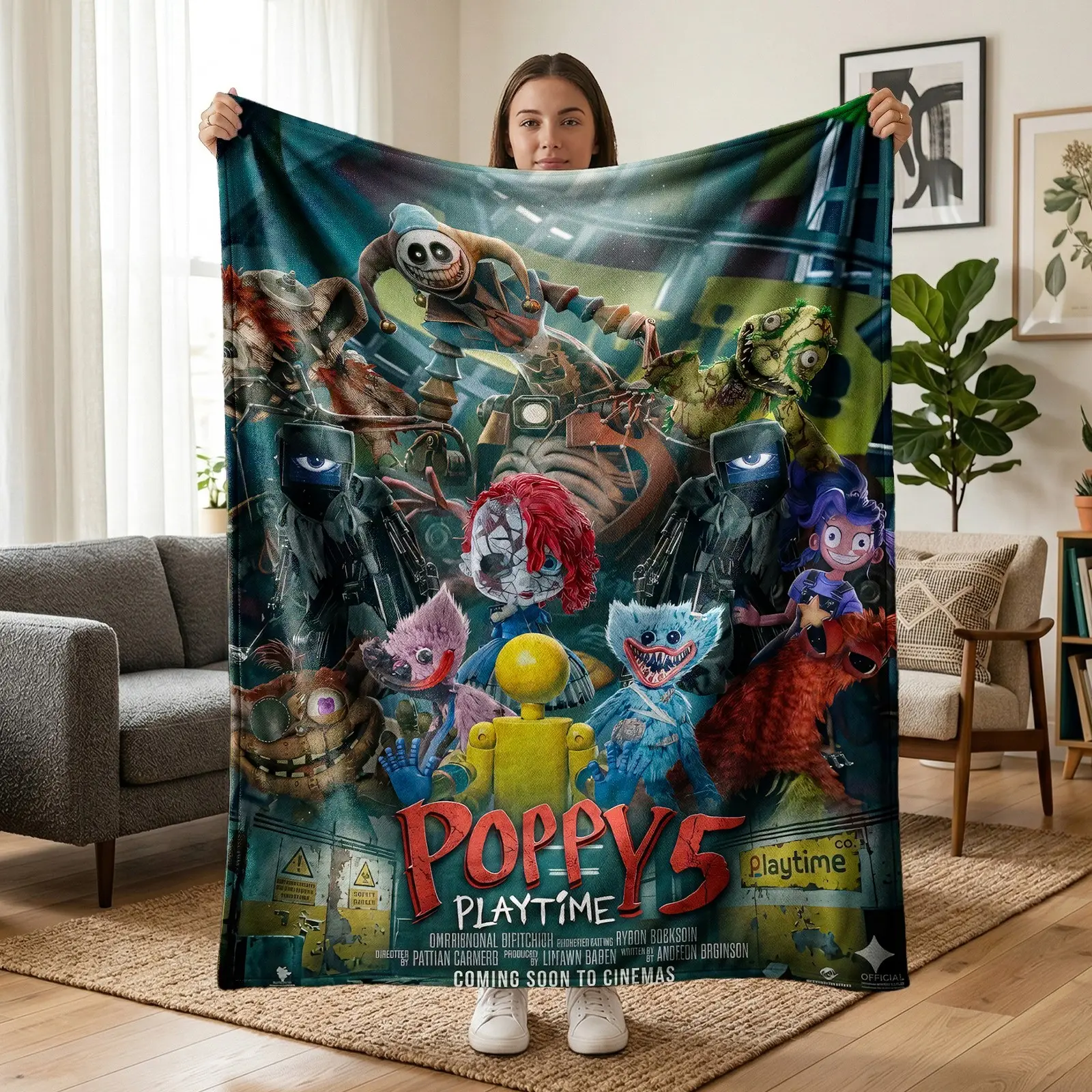 1pc Poppy Playtime Fleece Blanket, Cozy Warm Blanket, Multiple Horror Toys Group Poster Print, Soft Warm Nap Throw For Sofa, Bed, Office, Camping, Perfect Christmas Gift