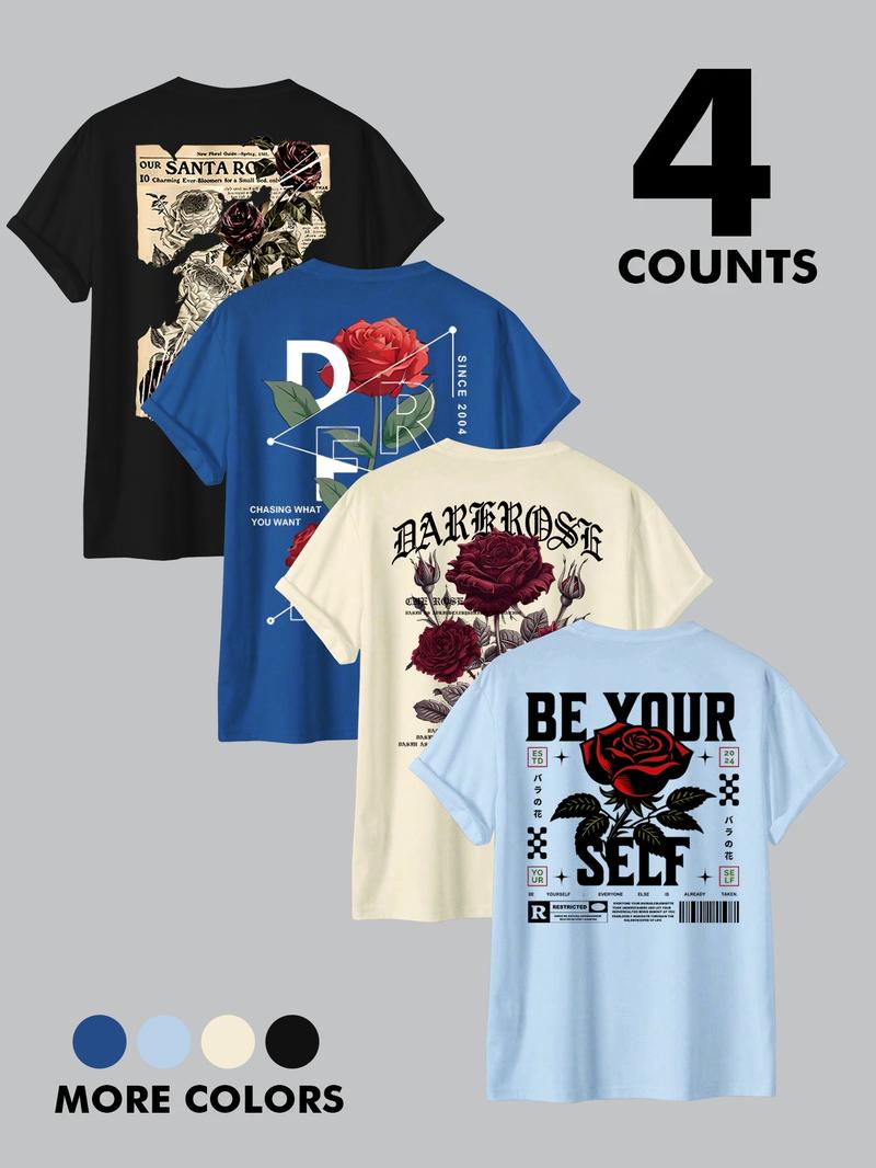 Men's Rose & Letter Print Short Sleeve Graphic Tee, Regular Fit Casual Round Neck T-shirt for Summer, Men's Top for Daily Wear