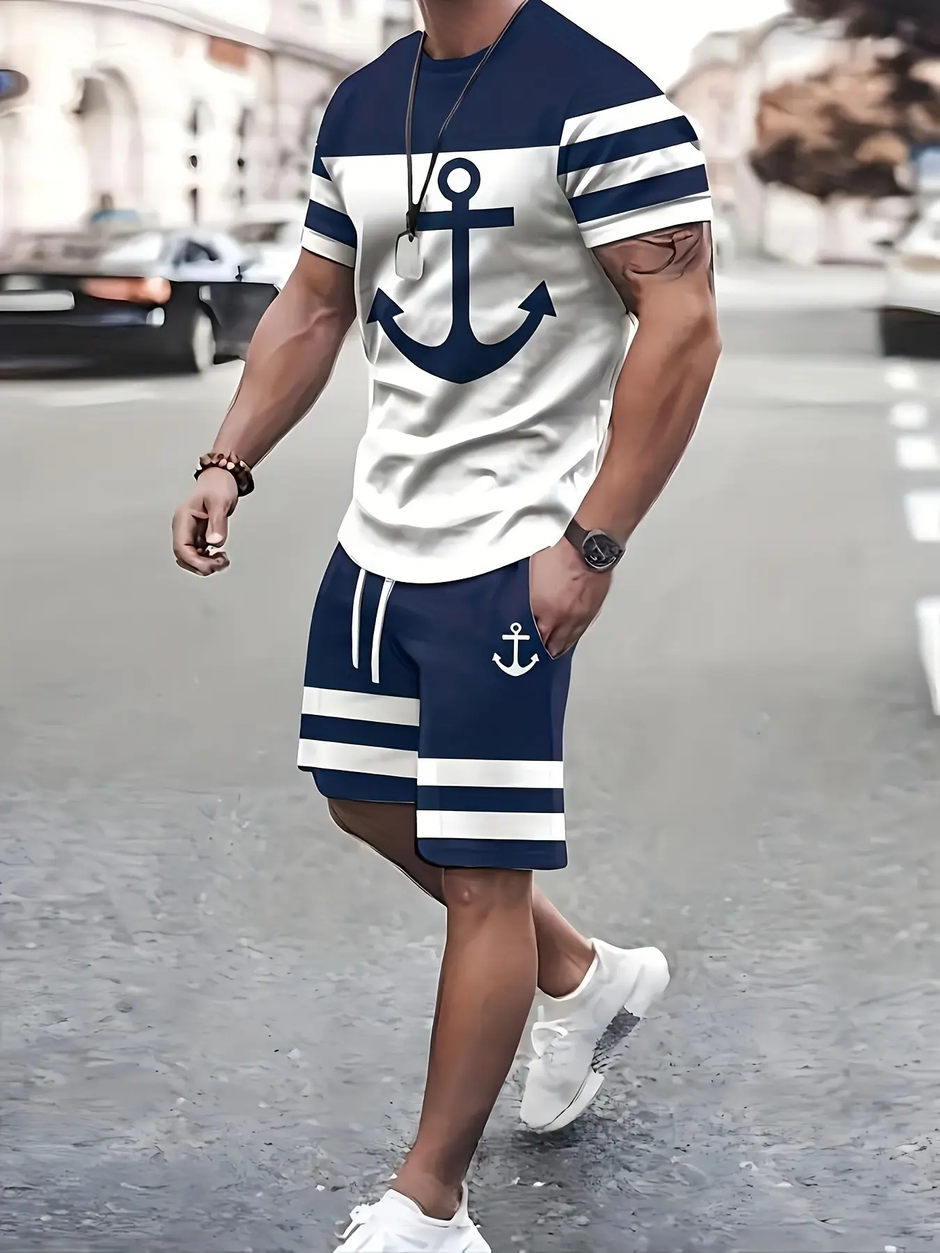 Men's Summer Outdoor Casual Two-Piece Set, Colorblock Pattern Print Round Neck Short Sleeve Tee and Drawstring Shorts