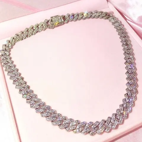 2025 New Hip Hop Women's Bracelet 14mm Cuban Link Design Chain Necklace Ice Crystal Double Row Diamond Pave Miami Diamond Bracelet Women's Jewelry Statement Chain