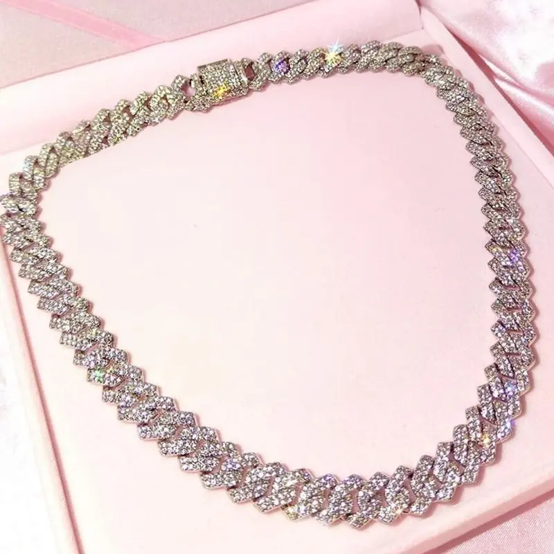 2025 New Hip Hop Women's Bracelet 14mm Cuban Link Design Chain Necklace Ice Crystal Double Row Diamond Pave Miami Diamond Bracelet Women's Jewelry Statement Chain