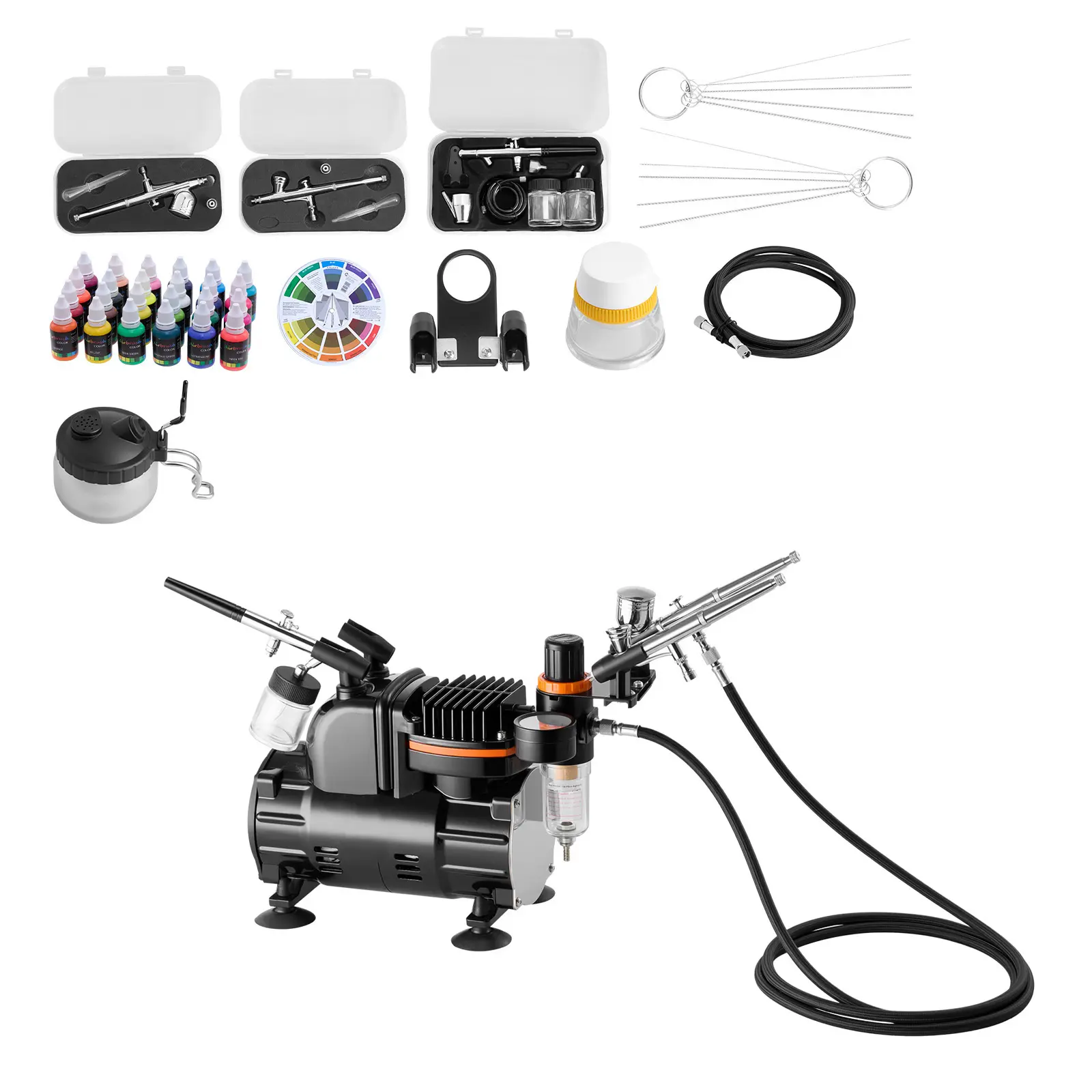 Professional 1/6 HP Airbrush Kit with Low-Noise Air Compressor, 3 Dual-Action Airbrushes (3 Tips), Hose, Acrylic Paint, Brush for Cake Decorating, Model Painting