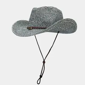 Straw Cowboy Hat Wide Brim Sombrero Outbacks Panama Summer Beach Sun Cap Braided Leather Band Adjustable Chin Strap For Men Women Western Costume Party Festival Outdoor