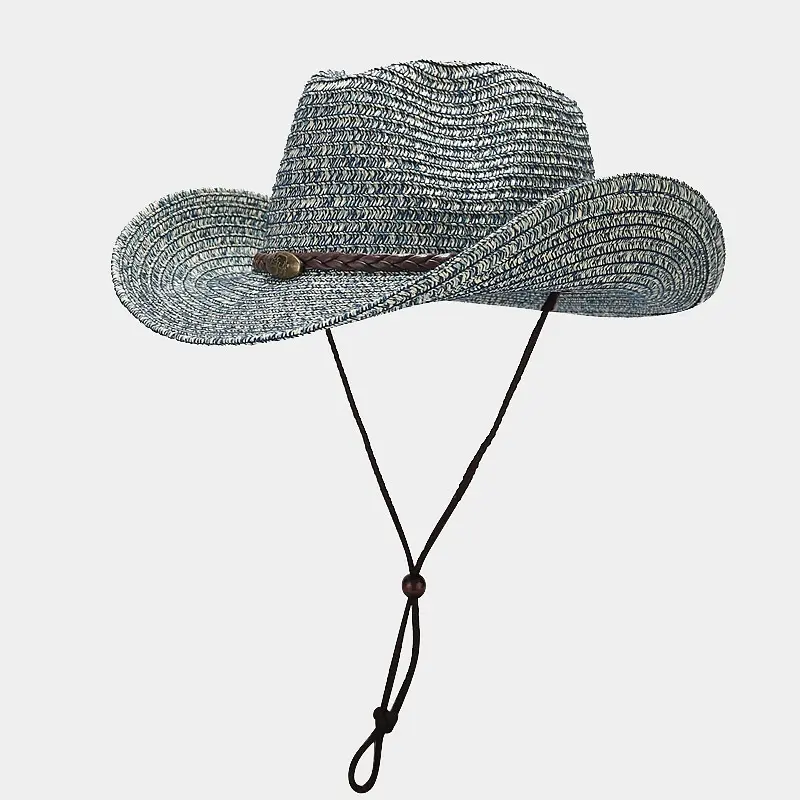 Straw Cowboy Hat Wide Brim Sombrero Outbacks Panama Summer Beach Sun Cap Braided Leather Band Adjustable Chin Strap For Men Women Western Costume Party Festival Outdoor