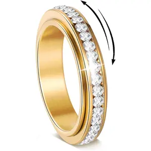 FORUBUS Titanium Steel Spinner Ring for Women Men, Sparkling Cubic Zirconia Eternity Band Fidget Ring, Rotatable Anxiety Relief Ring, Comfort Fit Anti Stress Ring Band