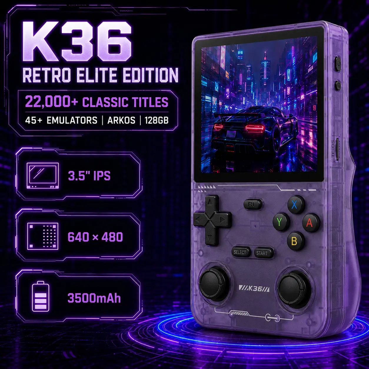 K36 Retro Handheld Game Console, 22,000+ Classic Titles, 45+ Emulators, ArkOS 128GB, 3.5" IPS Screen, Portable Gaming Console for Travel, Home & Gift for Gamers